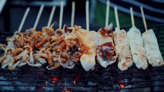 Close up of vendor grilling fresh squid skewers on hot charcoal stove in night market in Thailand.