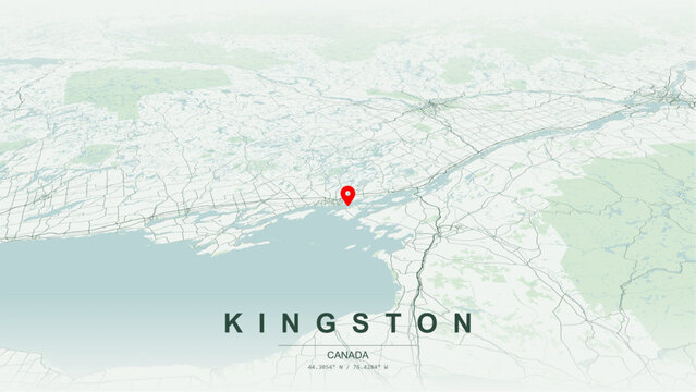 Minimalist vector map of Kingston, Ontario. High-quality scalable illustration of Kingston geographic boundaries along Lake Ontario shoreline, St. Lawrence River, Cataraqui River for posters design.