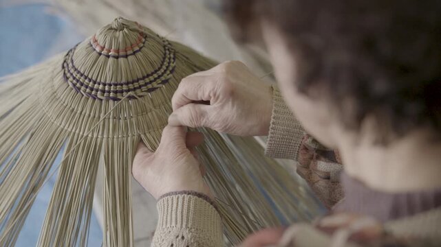 Hands Weaving Traditional Bon Odori Hat in Ugo Town Akita Prefecture J