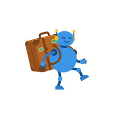 Fototapeta premium Friendly Blue Robot Character Carrying Suitcase | Travel Concept