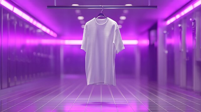 White tee hangs mid-air, glowing under purple lights