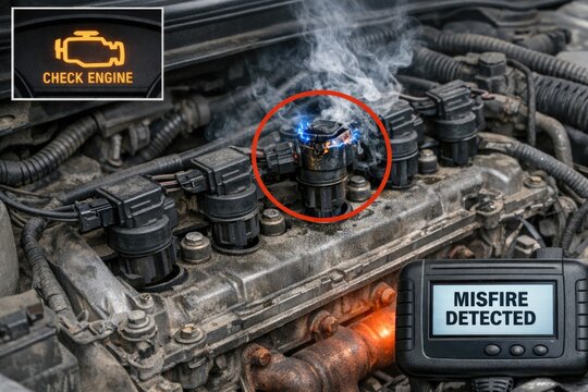 Close-up view of a car engine with check engine light on