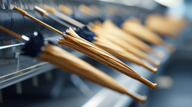 Factory assembly line of folded umbrellas on hooks with shallow depth of field for manufacturing product and industrial design background