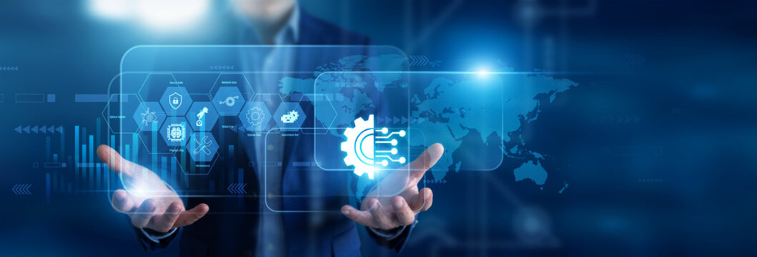 Process automation expert holding in hands robotic relays. Systems engineer using virtual screen scheduling workflow sequences and industrial machine control loops. Efficiency hub.