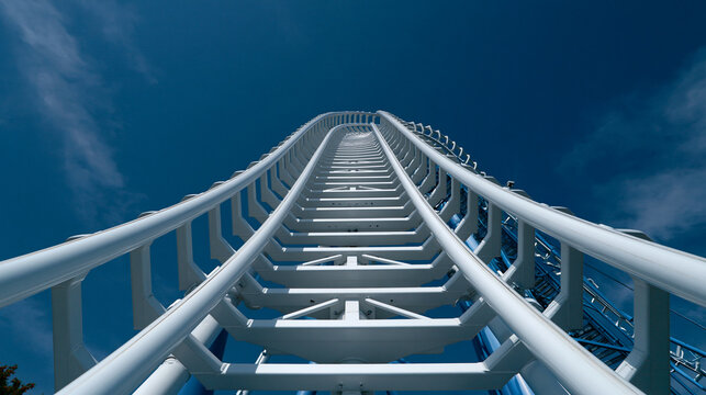 Low angle view of white steel roller coaster tracks ascending towards blue sky.