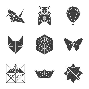 Grey geometric origami silhouette vector icons, paper crane, butterfly, boat, fox head and polygonal shapes isolated on white background