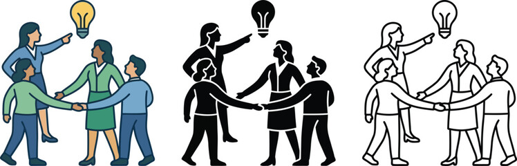 Obraz premium Group of people holding hands with lightbulb ideas above heads illustration