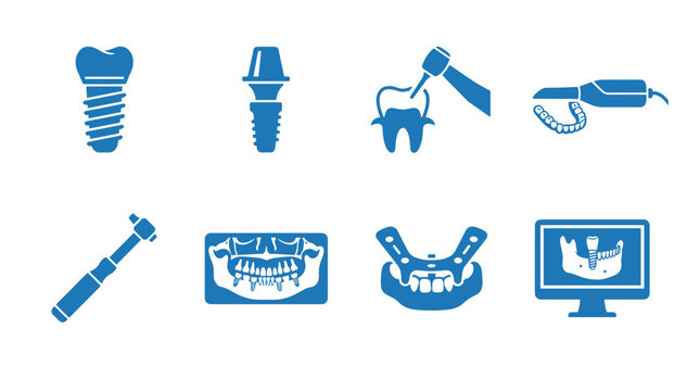 Dental implant blue glyph icon set, tooth implant, dental drill, oral scanner, jaw model and dentistry treatment equipment symbols