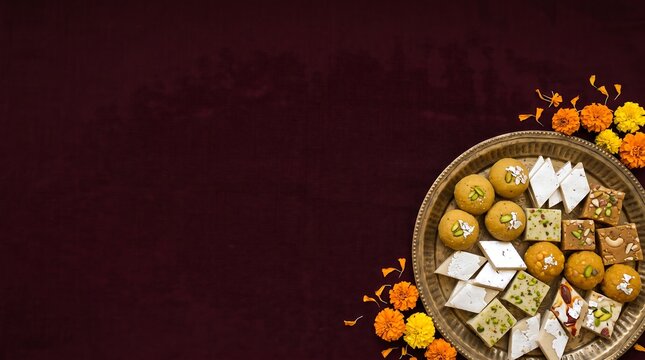 Traditional Indian mithai platter garnished with marigold petals on deep maroon background for Diwali 2026 festival