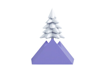 Fototapeta premium Winter snow mountain scene 3d rendering with a stylized fir tree on a peak, seasonal nature theme