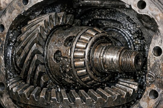A detailed view of a metal gear wheel with intricate mechanisms and teeth