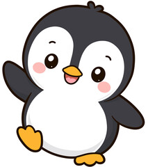 Fototapeta premium Cute cartoon baby penguin isolated element, happy chick character waving wing illustration