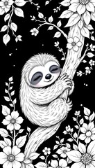 Fototapeta premium Charming line art of sleepy sloth hugging a branch, in a whimsical style, black and white, adorned with leafy vines and tiny flowers, smooth contours, inviting design for stress relief coloring