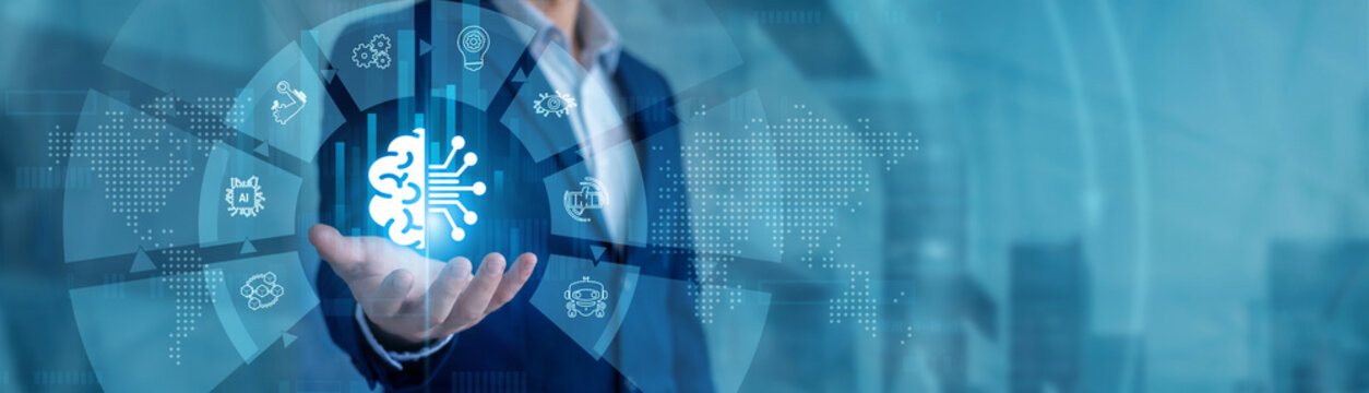Data scientist training models holding a hand console. Machine Learning deep flow on global network predictive algorithm frameworks. Artificial intelligence systems expanding logic parameters.