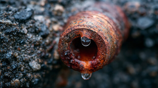 Macro view of water droplet hanging from tip of rusty metal pipe in outdoor environment.