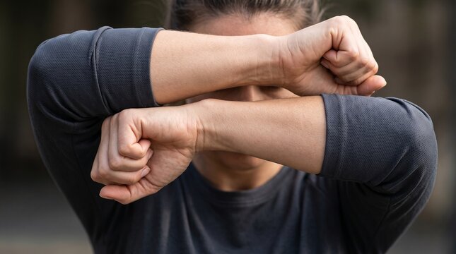 Woman covering her face with forearms, concept of stress, anxiety, or mental health