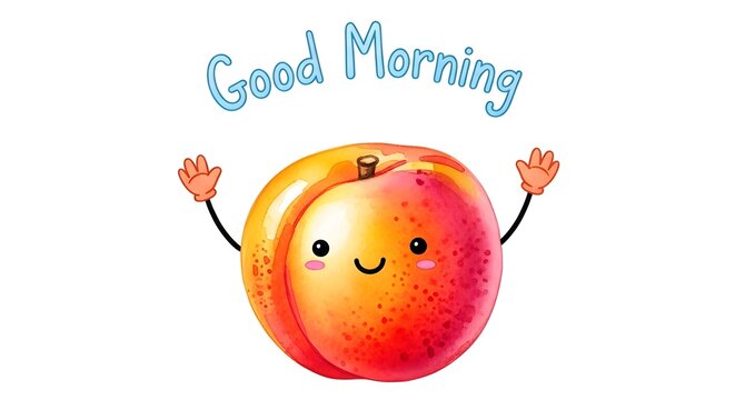 Cute cartoon peach character with happy face waving hello and good morning text character illustration greeting cheerful isolated positive whimsical