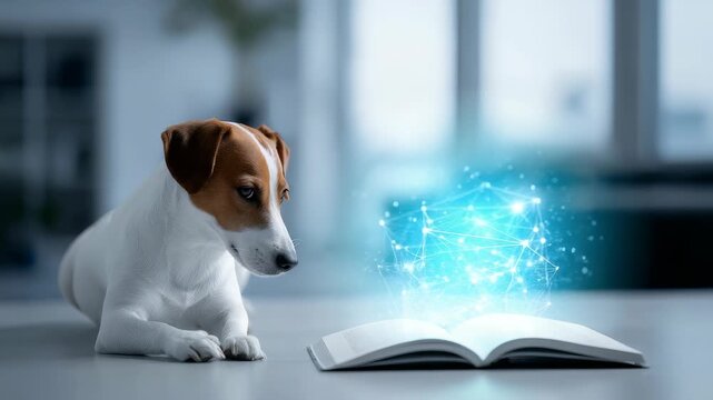 A small dog interacts with advanced digital technology, symbolizing artificial intelligence and learning. The scene blends pet curiosity with futuristic holographic data visualization
