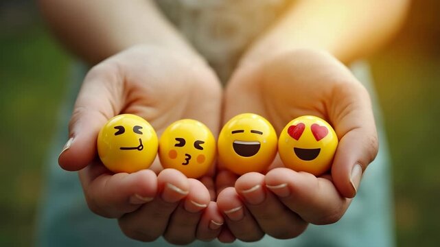 Close-up of hands gently holding four yellow emoji balls, each displaying a unique face: winking, kissing, laughing, and heart eyes. Bright sunlight adds a warm and cheerful atmosphere.