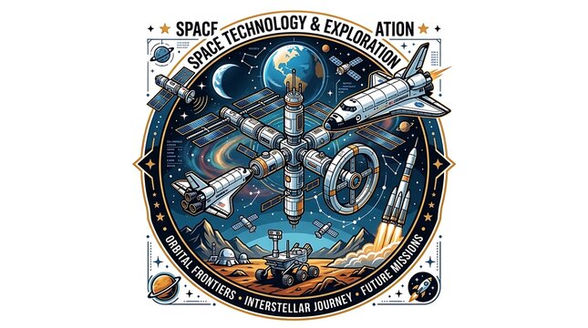 Cosmic emblem depicting space station shuttle and planetary exploration