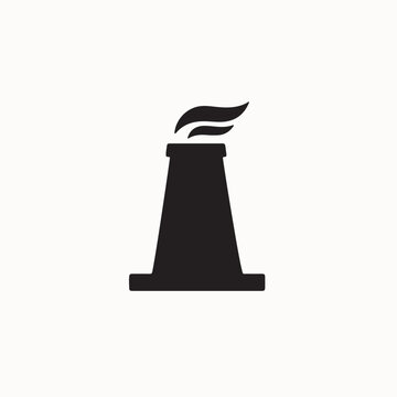 Industrial factory chimney stack icon, nuclear power plant cooling tower emitting smoke silhouette vector