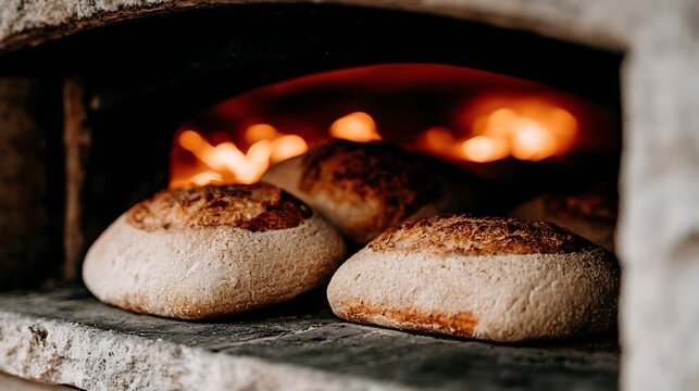 Freshly baked bread loaves with golden crusts cooling on rack