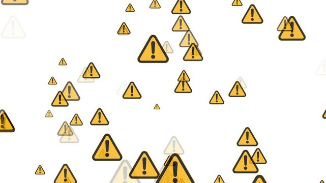 Animated triangular warning icon with an exclamation mark, featuring a zoom effect, white background, 4K video.