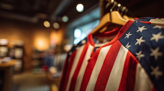 American flag jersey hangs on wooden hanger.