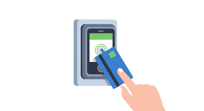 Vector Illustration of Hand Using a Contactless Card on a Digital NFC Reader for Secure Payment or Building Access Control