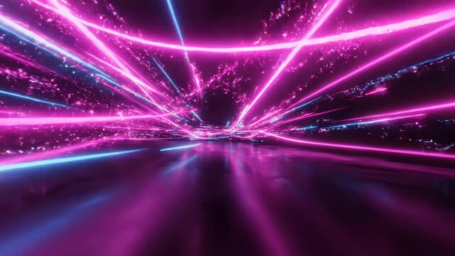 Abstract background with glowing neon light streaks in pink and blue colors moving through dark space