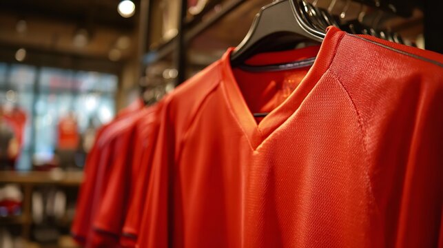 Vibrant red jersey hangs on a store rack.