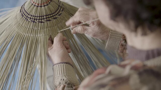 Hands Weaving Traditional Bon Odori Hat in Ugo Town Akita Prefecture J