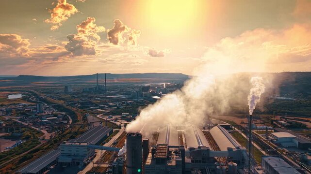 Industrial facility emitting smoke against a cloudy sunset sky. Heavy emissions rise from factory chimneys over a vast manufacturing complex under warm evening sunlight.