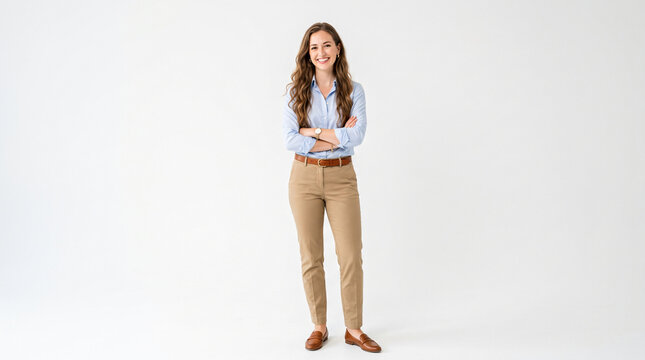 Confident young woman with long hair wearing blue shirt and khaki pants posing with arms crossed.