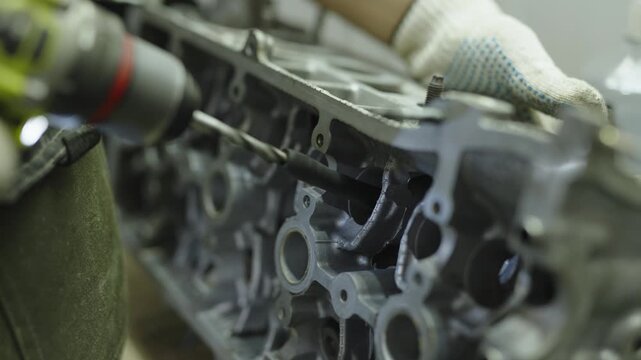 Mechanic using power drill to ream camshaft tunnel in engine.