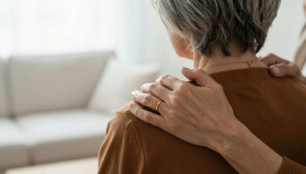 Supportive person placing hand on elderly woman shoulder showing kindness and empathy at home setting.