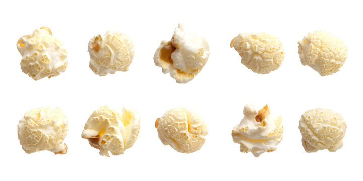 Set of individual popcorn pieces isolated on white background, transparent png, popcorn elements