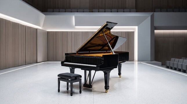 Black grand piano on a modern minimalist concert hall stage