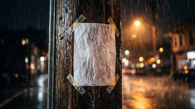 Wet paper flyer taped to wooden pole rainy night streetlights blurred bokeh background advertising poster.