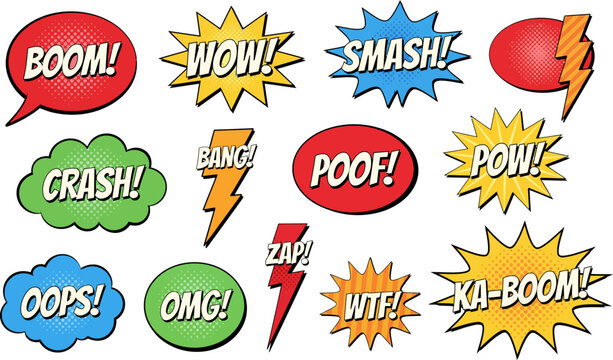 Colorful comic book speech bubbles with onomatopoeia words