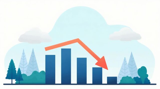 Animation of bar graph with downward arrow showing financial decline over landscape.