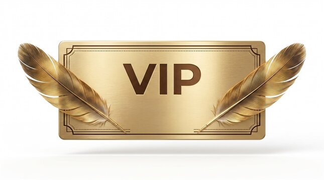 Gold VIP card with two golden feathers isolated on white background luxurious member pass.