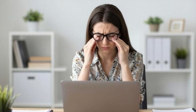 Tired professional young woman feeling eye strain while working on laptop in modern office interior.