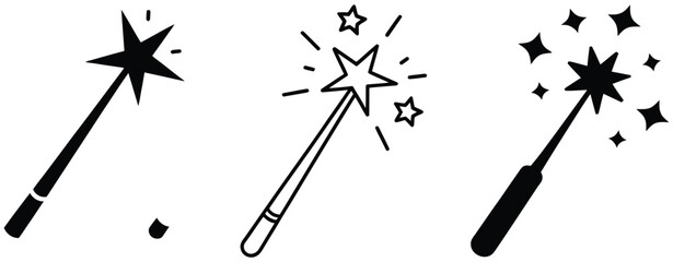 Magic wand icons representing magic miracle wizard tools star effects creative features applications websites and digital interfaces, vector design. ©                     