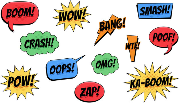 Colorful comic book speech bubbles with onomatopoeia words