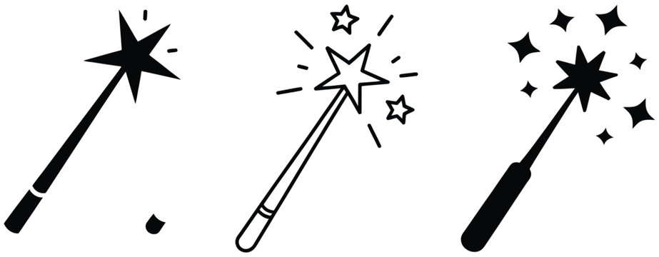 Magic wand icons representing magic miracle wizard tools star effects creative features applications websites and digital interfaces, vector design.
