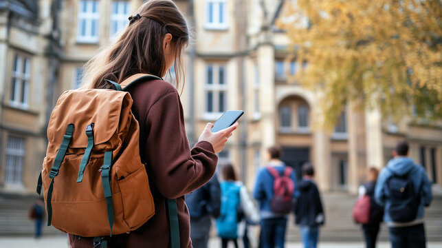 Girl student looking at her smartphone in university college or high school,mental health and mobile phone addiction to social networks, cell phone ban concept