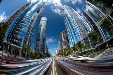 Fototapeta premium Fisheye City Street with Blurred Traffic and Skyscrapers