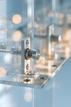 Acrylic panel fastener with metal screw closeup for industrial engineering detail and product presentation background