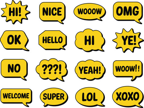 Yellow speech bubble with various... des